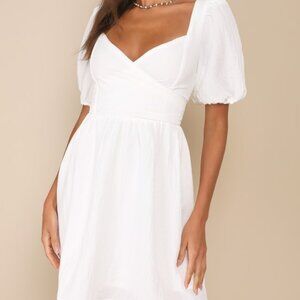 Lulus Little Bit In Love White Surplice Puff Sleeve Mini Dress - Size S